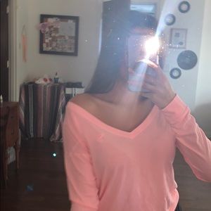 salmon pink abercrombie v neck long sleeved tee